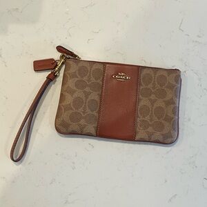 New Coach Two-Tone Brown Signature Wristlet with Gold Hardware